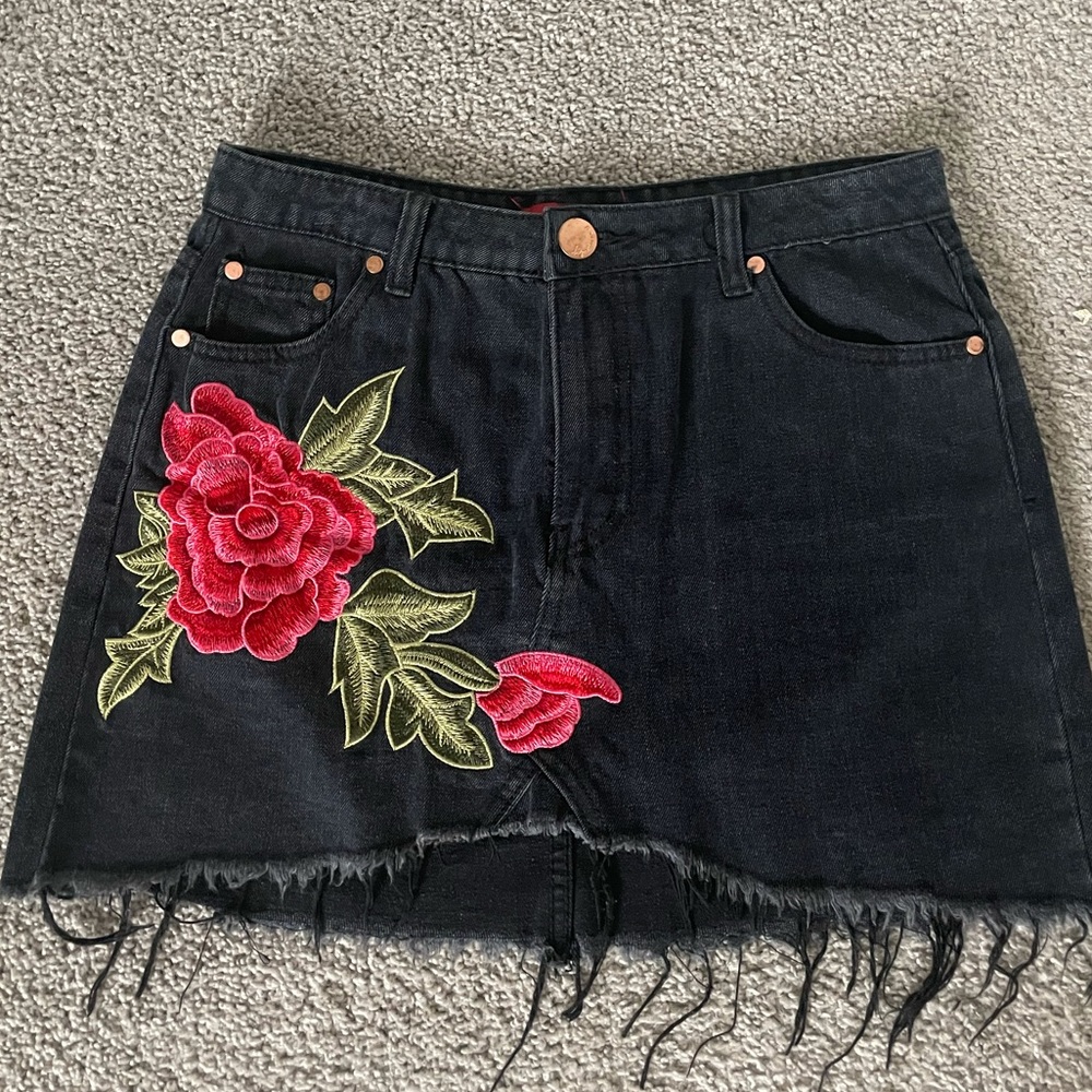 Signature 8 Black Denim, Rose Design Skirt